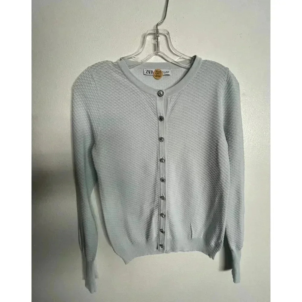 Zara Womens Pullover Button Up Long Sleeve Top Sweater Cardigan Light Blue Sz S
